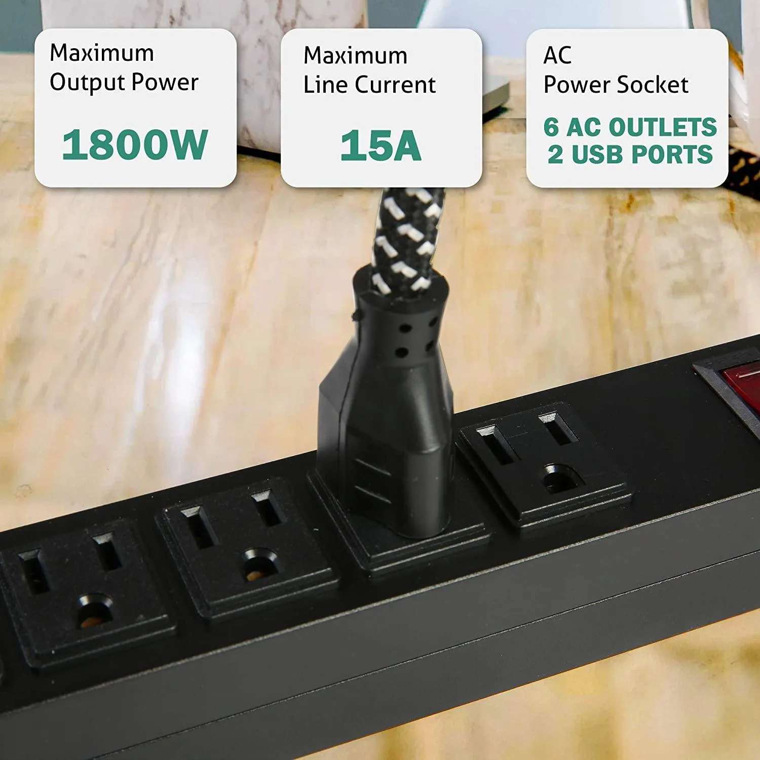 Bosonshop 2 Pack Long Power Strip Surge Protector, 6 Metal Power Outlets 2 USB Ports, 6 ft Long Extension Cord