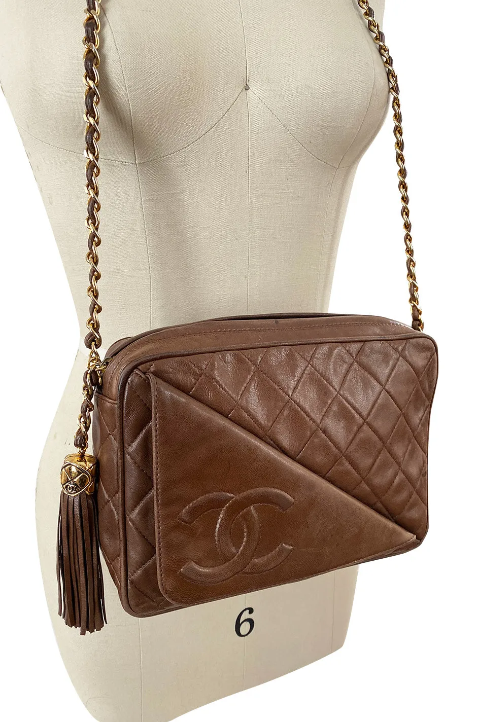 c. 1990 Chanel Quilted Camera Bag w Fringe Tassel & Front Flap Pocket