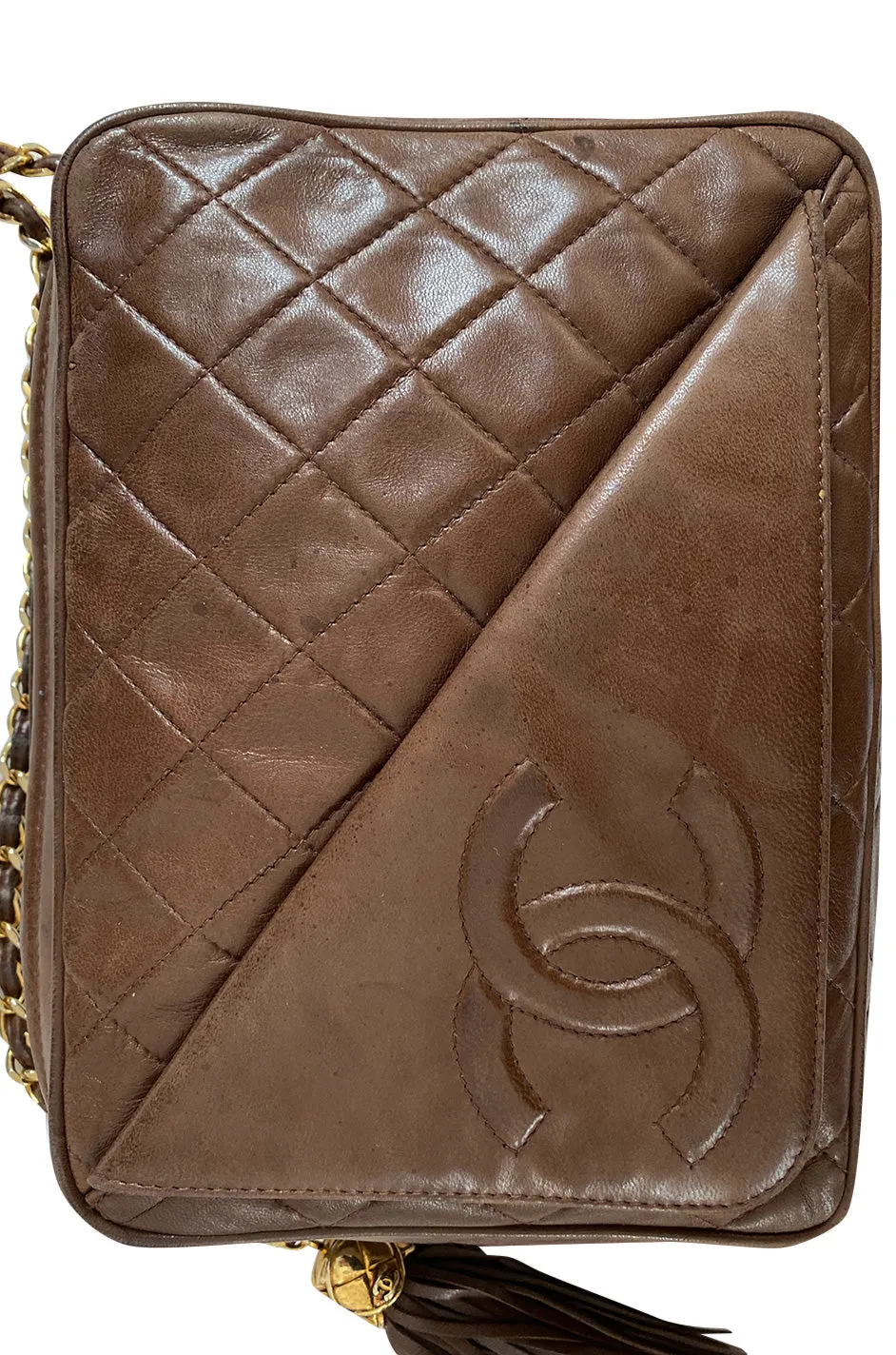 c. 1990 Chanel Quilted Camera Bag w Fringe Tassel & Front Flap Pocket