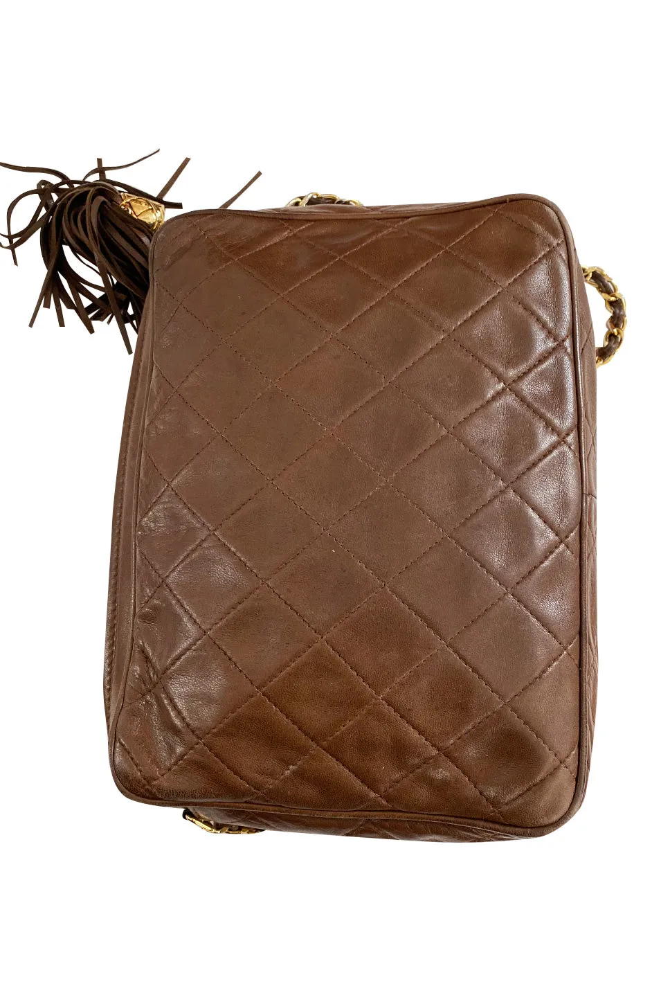 c. 1990 Chanel Quilted Camera Bag w Fringe Tassel & Front Flap Pocket