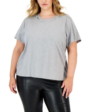 Calvin Klein Plus Size Rhinestone-Trim Crewneck Top W2XHY864 Granite Gray 0X