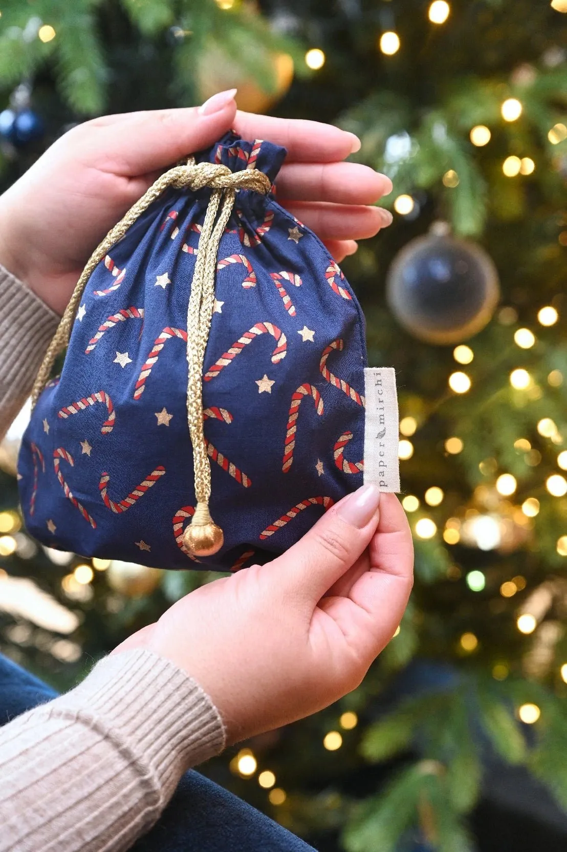 Candy Cane Reusable Cotton Gift Bags by Paper Mirchi