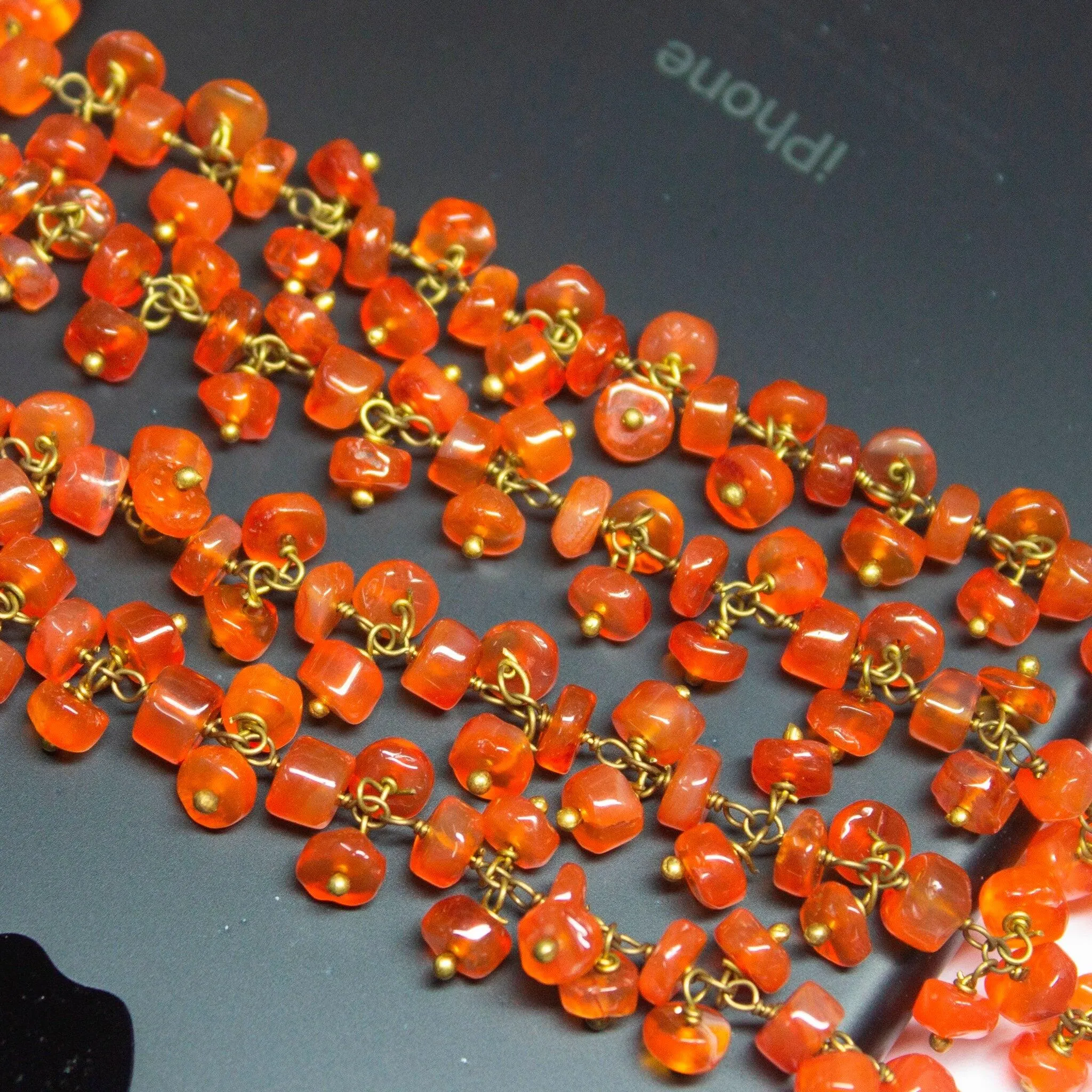 Carnelian Smooth Wheel Beads Gold Plated Brass Metal Grape Link Chain 2 x 14" 5mm