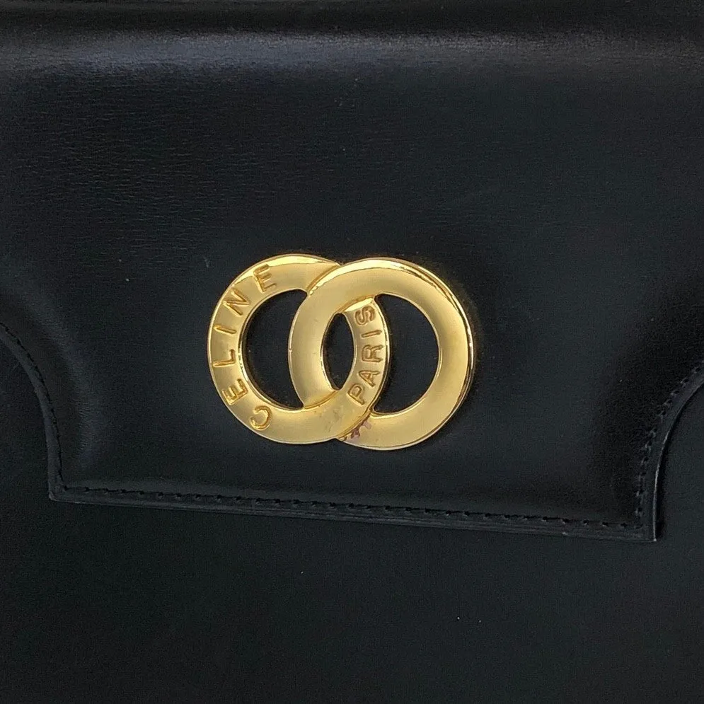 CELINE Double Circle Leather Two-way Handbag Shoulder bag Black Vintage 5h68sp