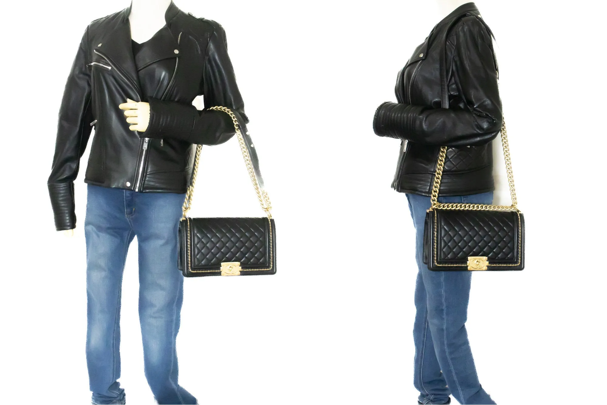 CHANEL Boy Chain Shoulder Bag Black Quilted Flap Lambskin Leather n46