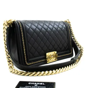 CHANEL Boy Chain Shoulder Bag Black Quilted Flap Lambskin Leather n46