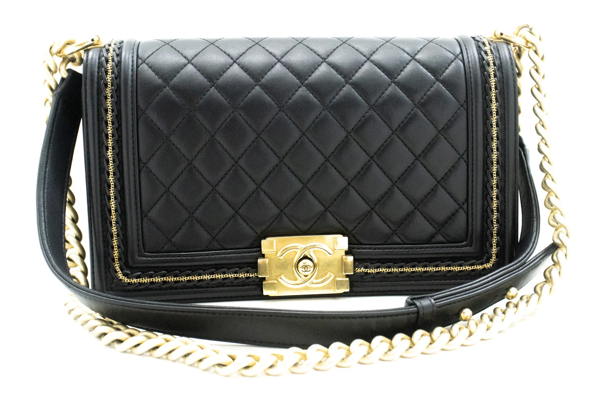 CHANEL Boy Chain Shoulder Bag Black Quilted Flap Lambskin Leather n46