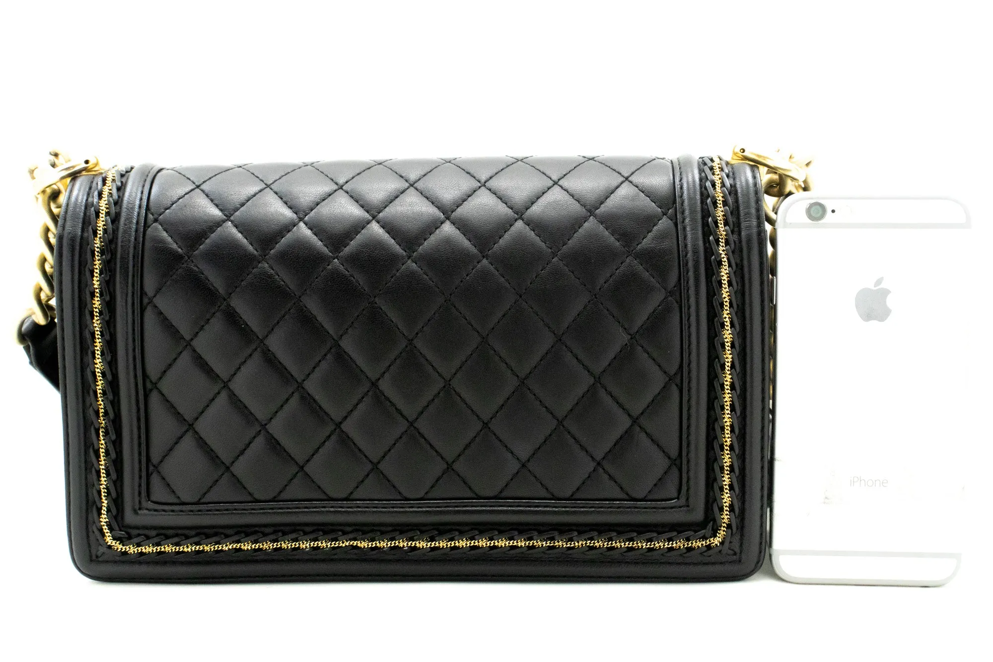 CHANEL Boy Chain Shoulder Bag Black Quilted Flap Lambskin Leather n46