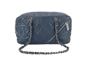 CHANEL CLUB BOWLER BAG (1138xxxx) BLUE CALFSKIN QUILTED COTTON LEATHER SILVER HARDWARE NO DUST COVER