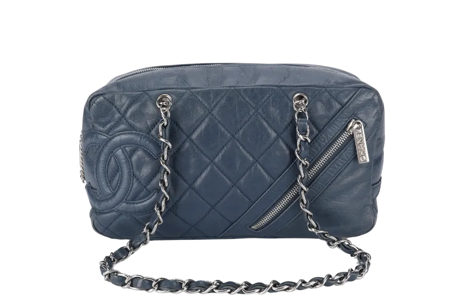 CHANEL CLUB BOWLER BAG (1138xxxx) BLUE CALFSKIN QUILTED COTTON LEATHER SILVER HARDWARE NO DUST COVER