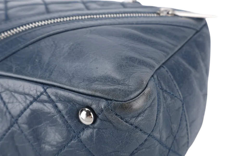 CHANEL CLUB BOWLER BAG (1138xxxx) BLUE CALFSKIN QUILTED COTTON LEATHER SILVER HARDWARE NO DUST COVER