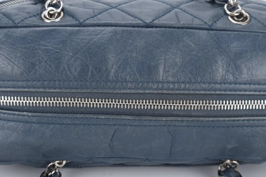 CHANEL CLUB BOWLER BAG (1138xxxx) BLUE CALFSKIN QUILTED COTTON LEATHER SILVER HARDWARE NO DUST COVER