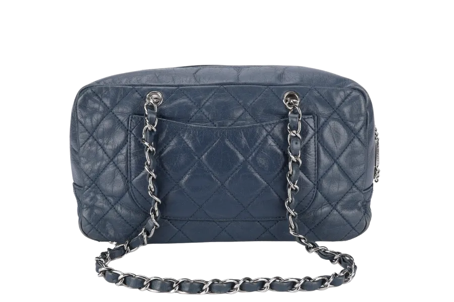 CHANEL CLUB BOWLER BAG (1138xxxx) BLUE CALFSKIN QUILTED COTTON LEATHER SILVER HARDWARE NO DUST COVER