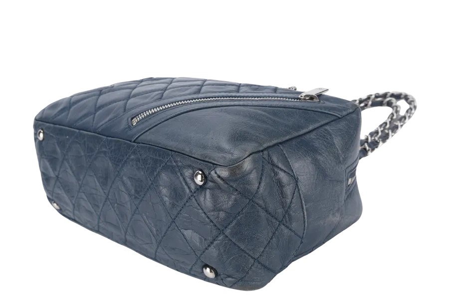 CHANEL CLUB BOWLER BAG (1138xxxx) BLUE CALFSKIN QUILTED COTTON LEATHER SILVER HARDWARE NO DUST COVER