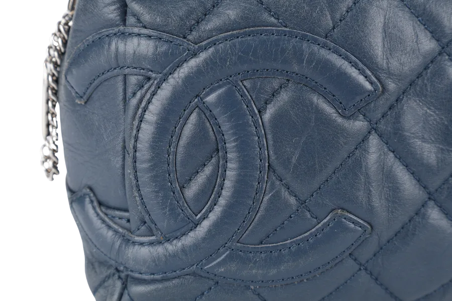 CHANEL CLUB BOWLER BAG (1138xxxx) BLUE CALFSKIN QUILTED COTTON LEATHER SILVER HARDWARE NO DUST COVER