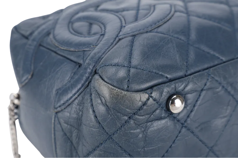 CHANEL CLUB BOWLER BAG (1138xxxx) BLUE CALFSKIN QUILTED COTTON LEATHER SILVER HARDWARE NO DUST COVER