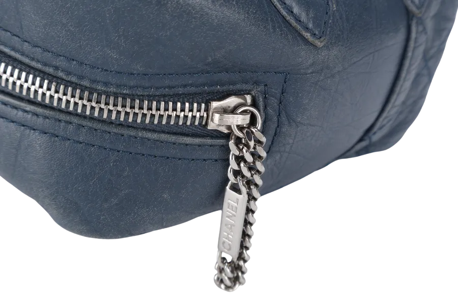 CHANEL CLUB BOWLER BAG (1138xxxx) BLUE CALFSKIN QUILTED COTTON LEATHER SILVER HARDWARE NO DUST COVER