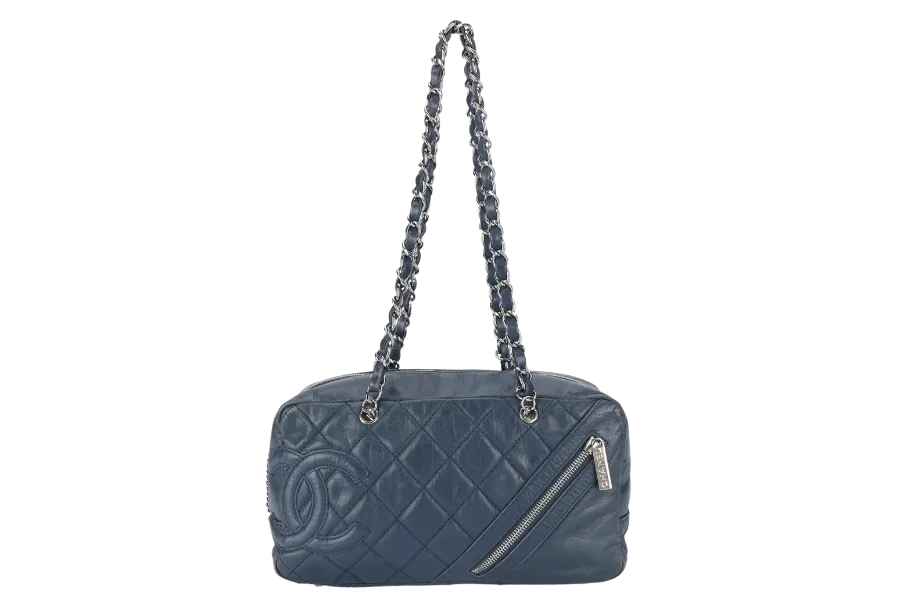 CHANEL CLUB BOWLER BAG (1138xxxx) BLUE CALFSKIN QUILTED COTTON LEATHER SILVER HARDWARE NO DUST COVER