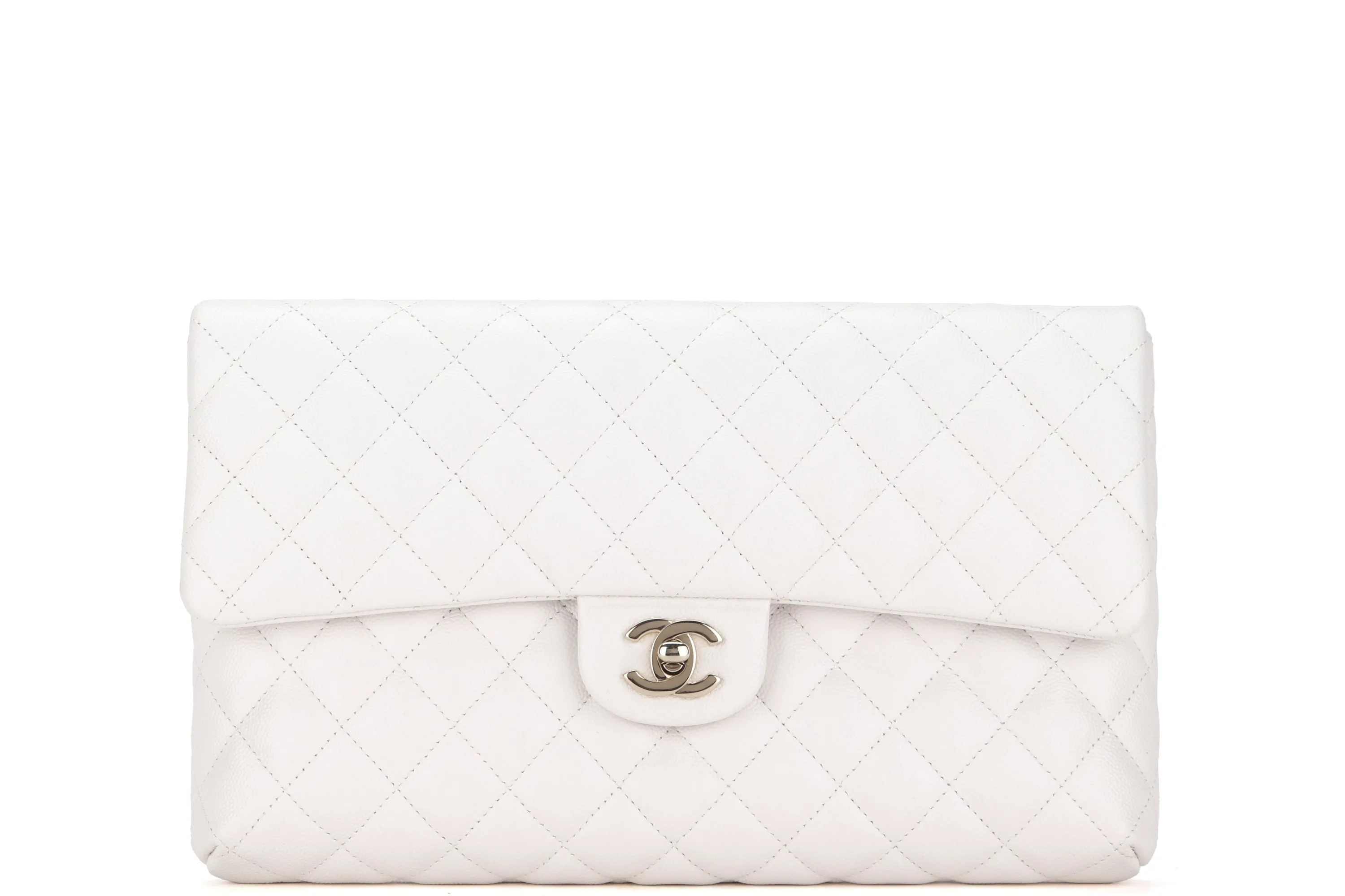 CHANEL FLAP CLUTH (2851xxxx) OFF WHITE QUILTED CAVIAR LEATHER WITH GOLD CHAIN, WITH CARD, DUST COVER & BOX
