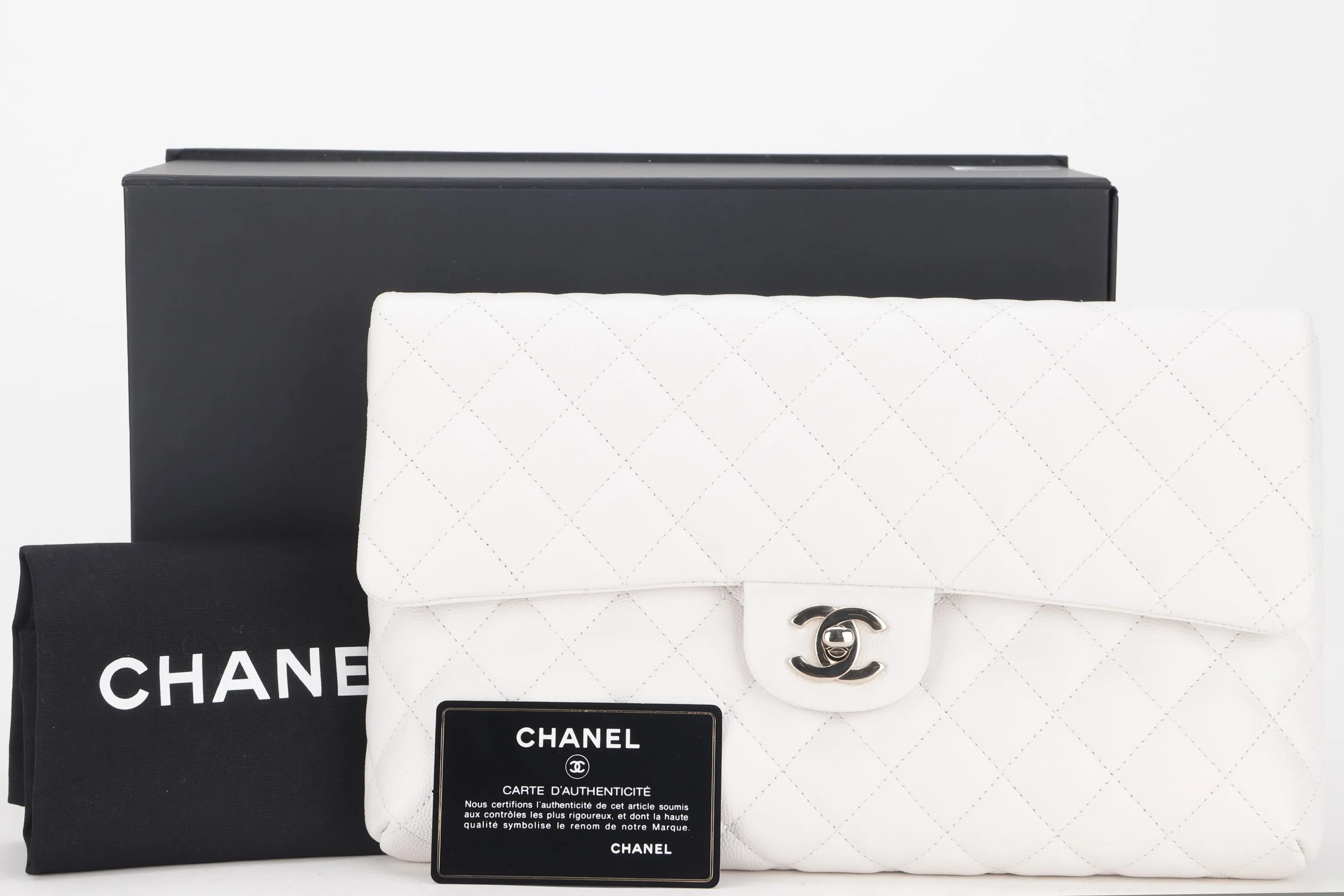 CHANEL FLAP CLUTH (2851xxxx) OFF WHITE QUILTED CAVIAR LEATHER WITH GOLD CHAIN, WITH CARD, DUST COVER & BOX