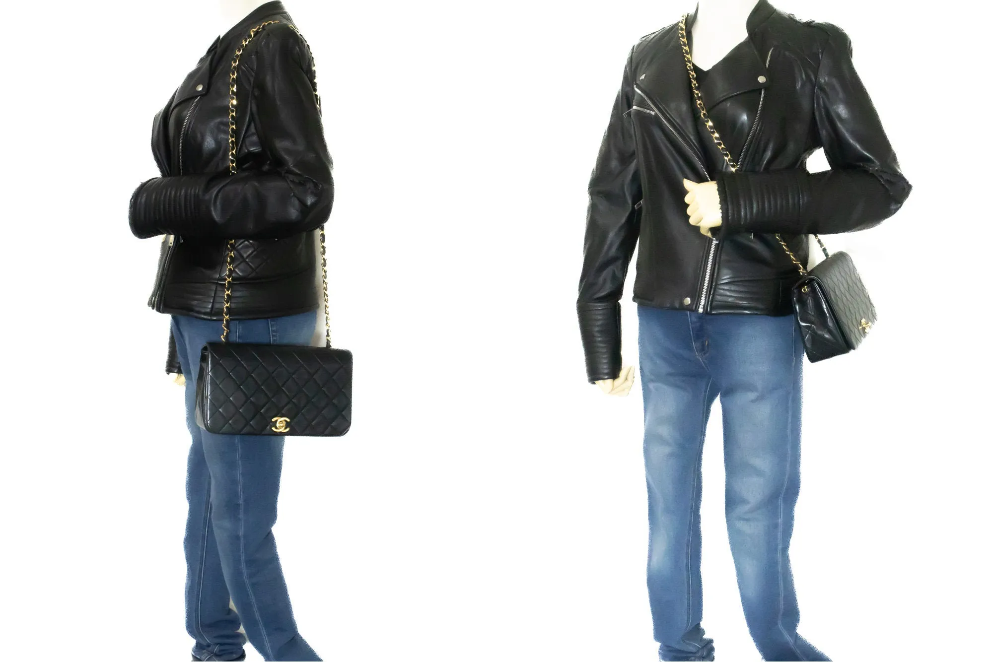 CHANEL Full Flap Chain Shoulder Bag Crossbody Black Quilted Lamb n21