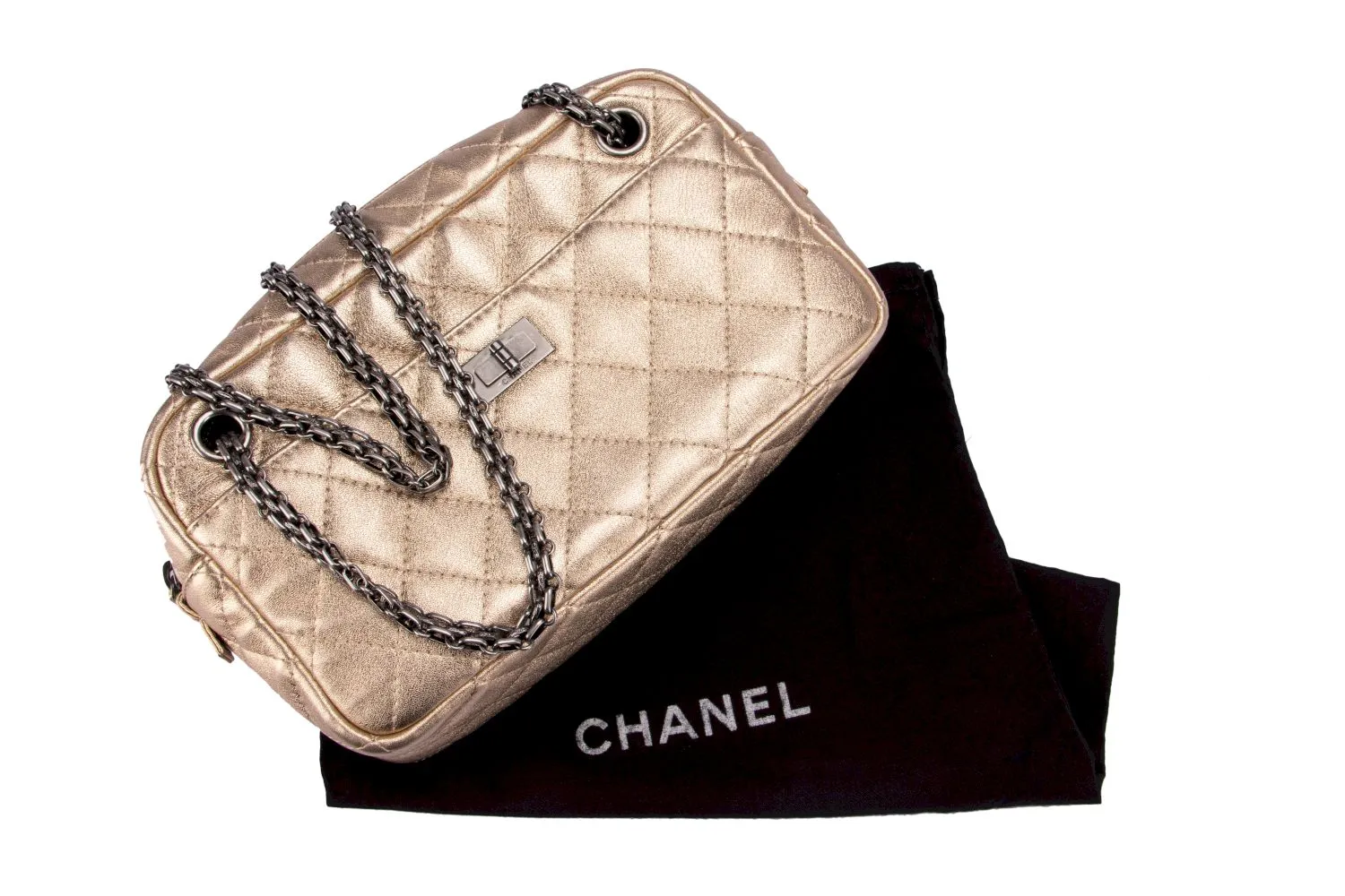 Chanel Metallic Gold Quilted Reissue Buckle 24CM Ruthenium Chain, with Card & Dust Cover
