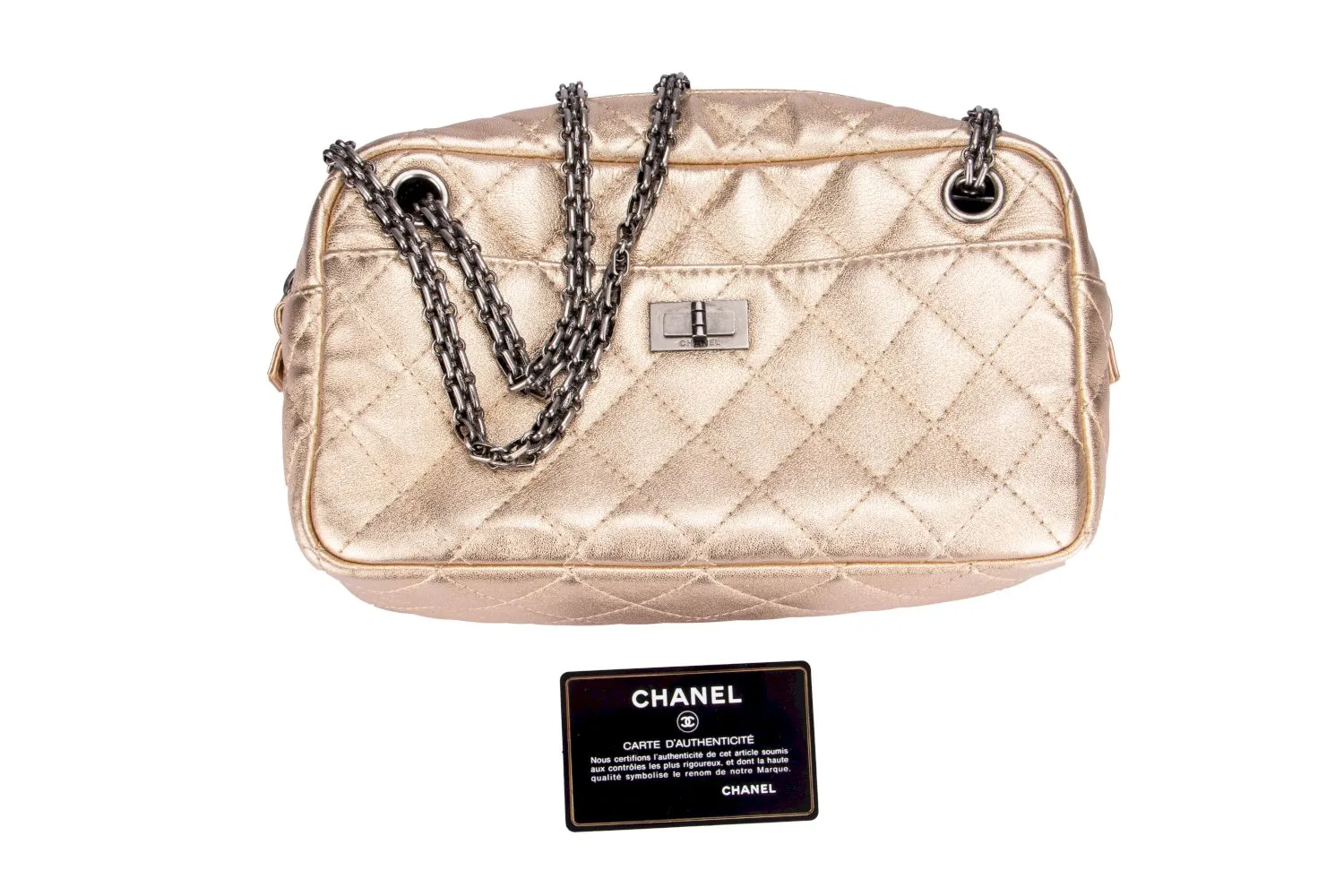 Chanel Metallic Gold Quilted Reissue Buckle 24CM Ruthenium Chain, with Card & Dust Cover