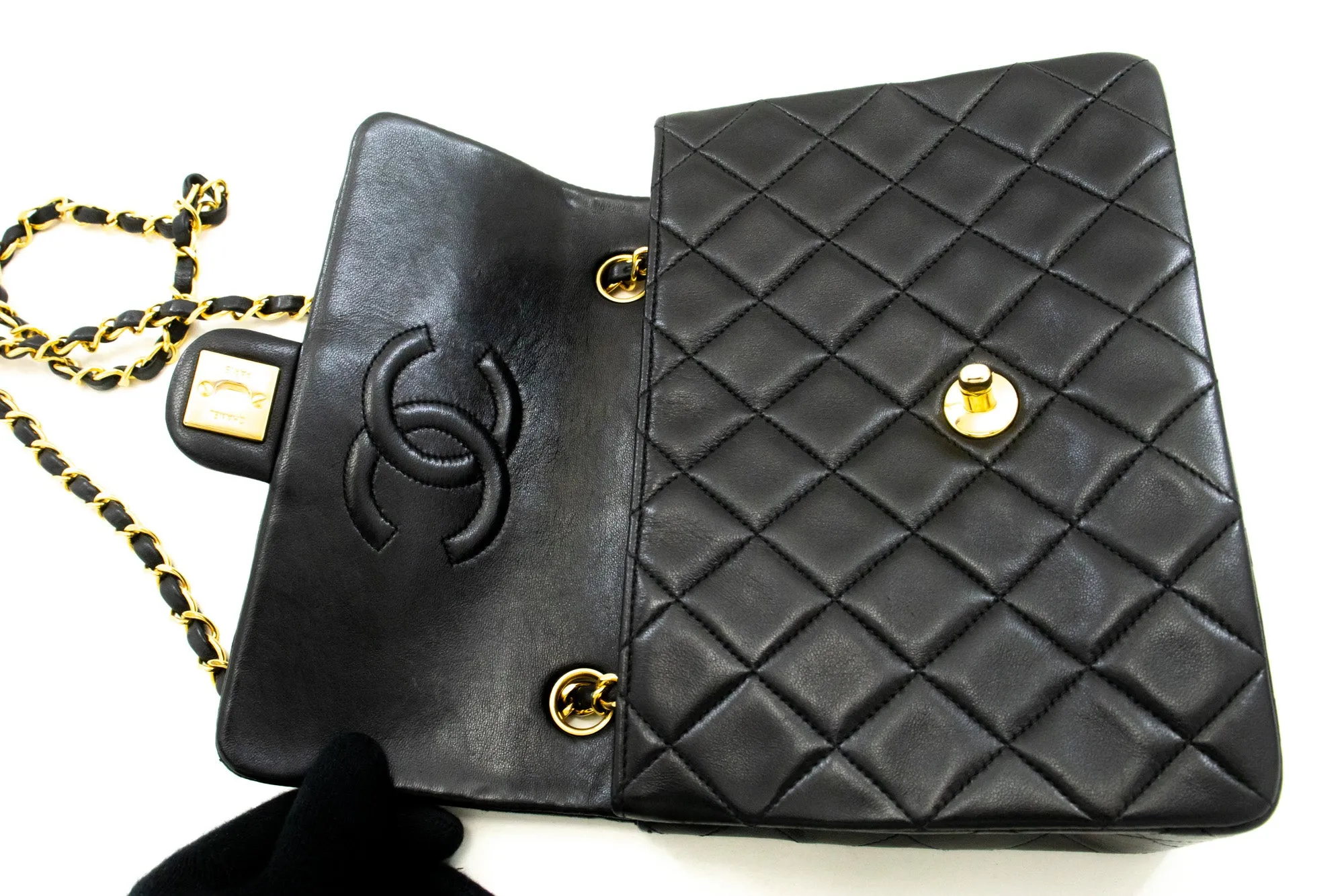 CHANEL Mini Square Small Chain Shoulder Bag Crossbody Black Lamb n37