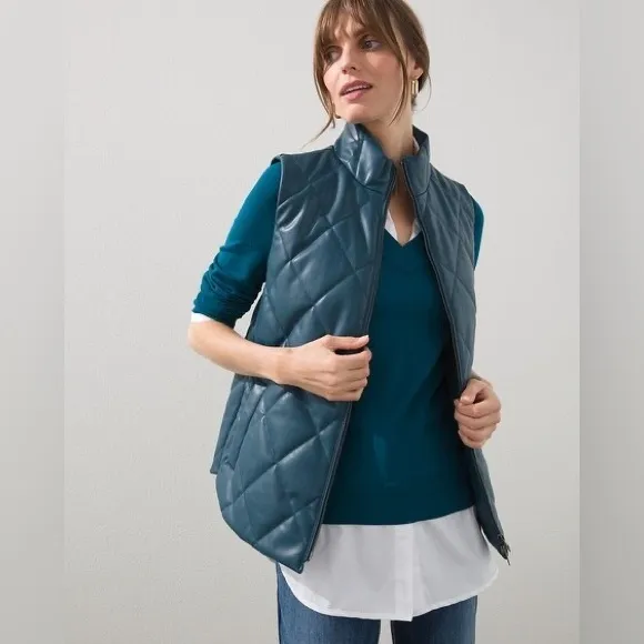 Chico’s Quilted Faux Leather Teal Vest