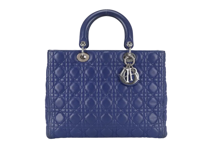 CHRISTIAN DIOR LADY DIOR (13-BO-1113) LARGE BLUE LAMBSKIN SILVER HARDWARE WITH LONG STRAPS NO DUST COVER