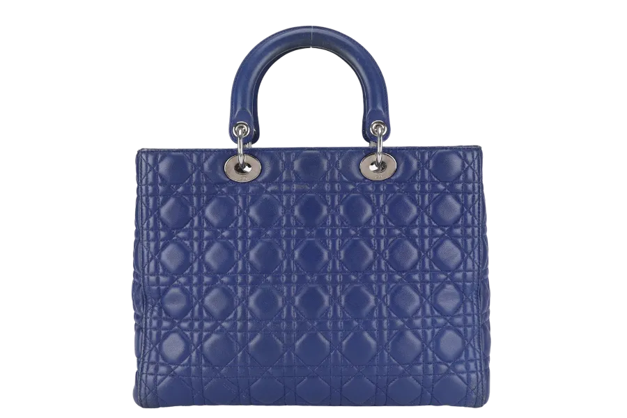 CHRISTIAN DIOR LADY DIOR (13-BO-1113) LARGE BLUE LAMBSKIN SILVER HARDWARE WITH LONG STRAPS NO DUST COVER