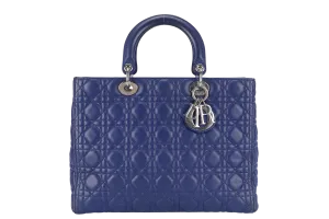 CHRISTIAN DIOR LADY DIOR (13-BO-1113) LARGE BLUE LAMBSKIN SILVER HARDWARE WITH LONG STRAPS NO DUST COVER