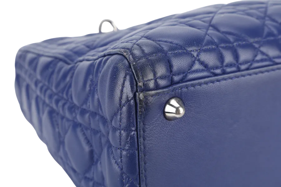 CHRISTIAN DIOR LADY DIOR (13-BO-1113) LARGE BLUE LAMBSKIN SILVER HARDWARE WITH LONG STRAPS NO DUST COVER