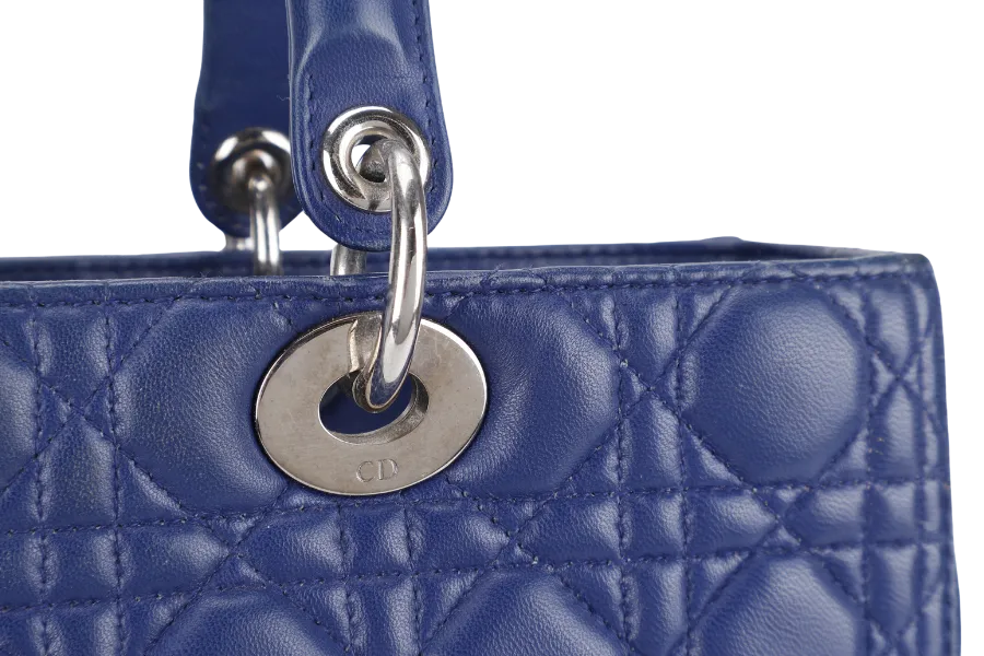 CHRISTIAN DIOR LADY DIOR (13-BO-1113) LARGE BLUE LAMBSKIN SILVER HARDWARE WITH LONG STRAPS NO DUST COVER