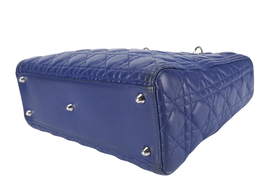 CHRISTIAN DIOR LADY DIOR (13-BO-1113) LARGE BLUE LAMBSKIN SILVER HARDWARE WITH LONG STRAPS NO DUST COVER