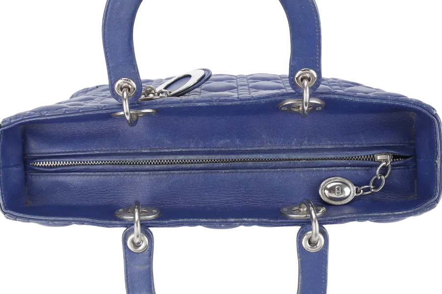 CHRISTIAN DIOR LADY DIOR (13-BO-1113) LARGE BLUE LAMBSKIN SILVER HARDWARE WITH LONG STRAPS NO DUST COVER