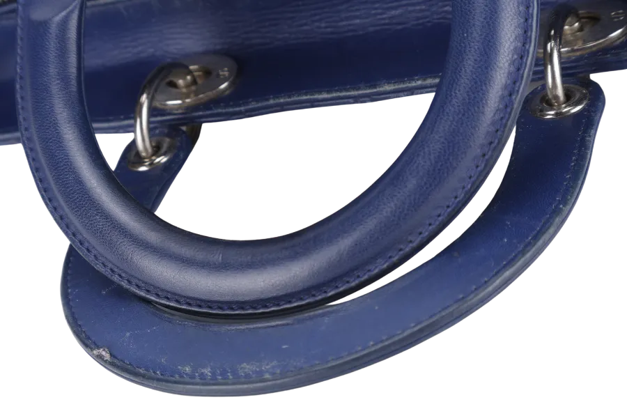 CHRISTIAN DIOR LADY DIOR (13-BO-1113) LARGE BLUE LAMBSKIN SILVER HARDWARE WITH LONG STRAPS NO DUST COVER