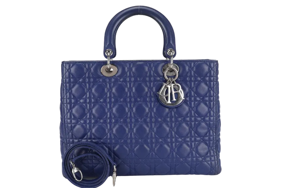 CHRISTIAN DIOR LADY DIOR (13-BO-1113) LARGE BLUE LAMBSKIN SILVER HARDWARE WITH LONG STRAPS NO DUST COVER