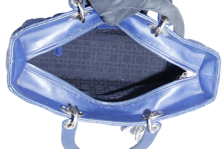CHRISTIAN DIOR LADY DIOR (13-BO-1113) LARGE BLUE LAMBSKIN SILVER HARDWARE WITH LONG STRAPS NO DUST COVER