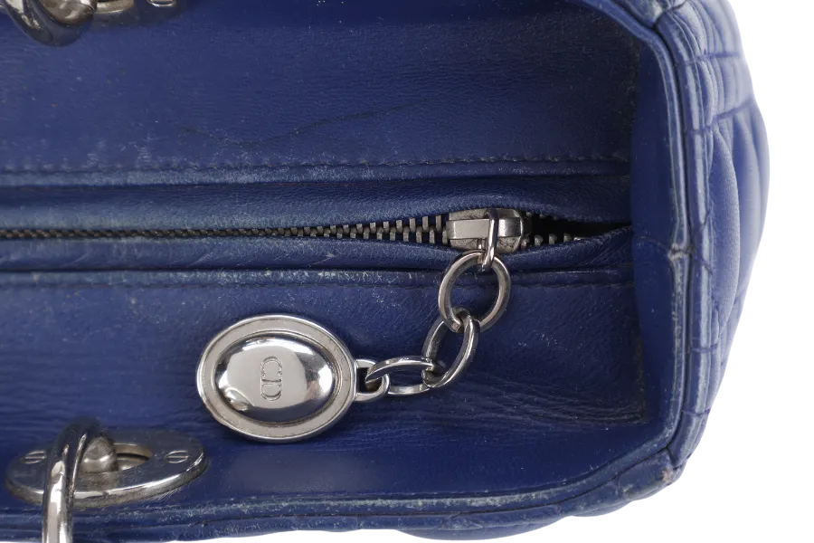 CHRISTIAN DIOR LADY DIOR (13-BO-1113) LARGE BLUE LAMBSKIN SILVER HARDWARE WITH LONG STRAPS NO DUST COVER