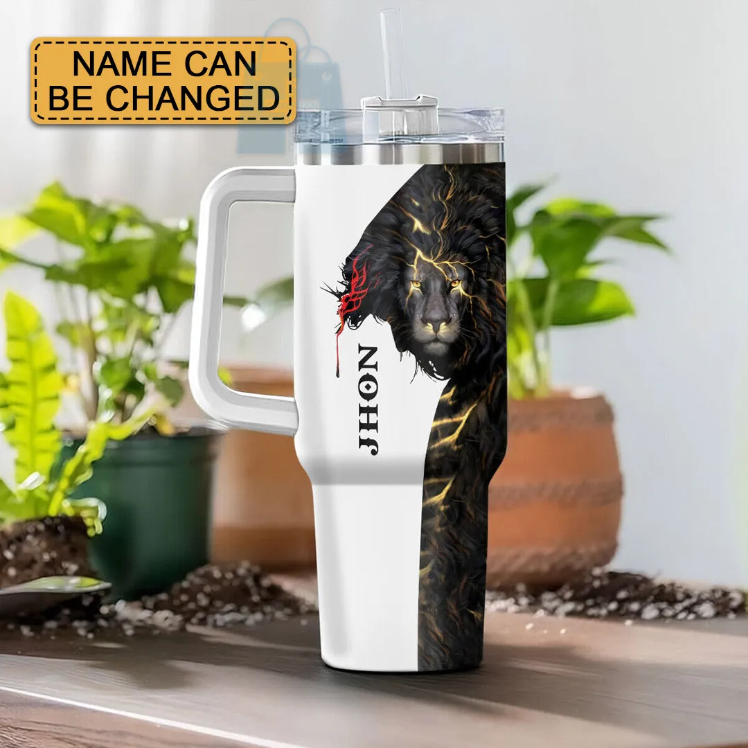 Christianartbag Drinkware, Lion Jesus King God Cross Personalized Tumbler With Handles, Personalized Tumbler With Handles, Tumbler, Christmas Gift, CABDR 01230124.