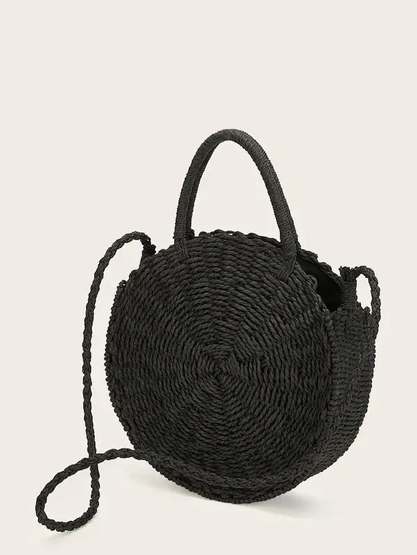 CM-BGS121728 Women Casual Seoul Style Leaf Embroidery Round Satchel Bag - Black