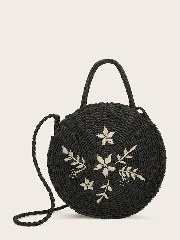 CM-BGS121728 Women Casual Seoul Style Leaf Embroidery Round Satchel Bag - Black