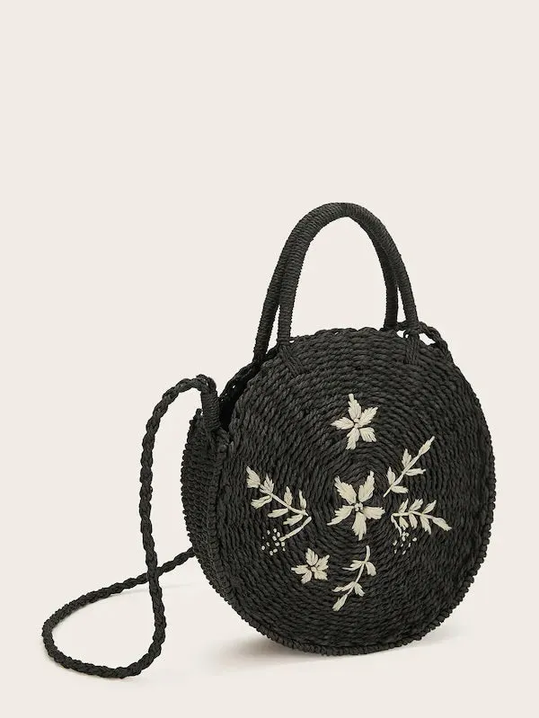 CM-BGS121728 Women Casual Seoul Style Leaf Embroidery Round Satchel Bag - Black