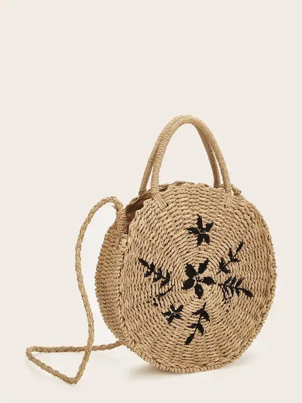 CM-BGS121729 Women Casual Bohemian Style Leaf Embroidery Round Satchel Bag - Brown