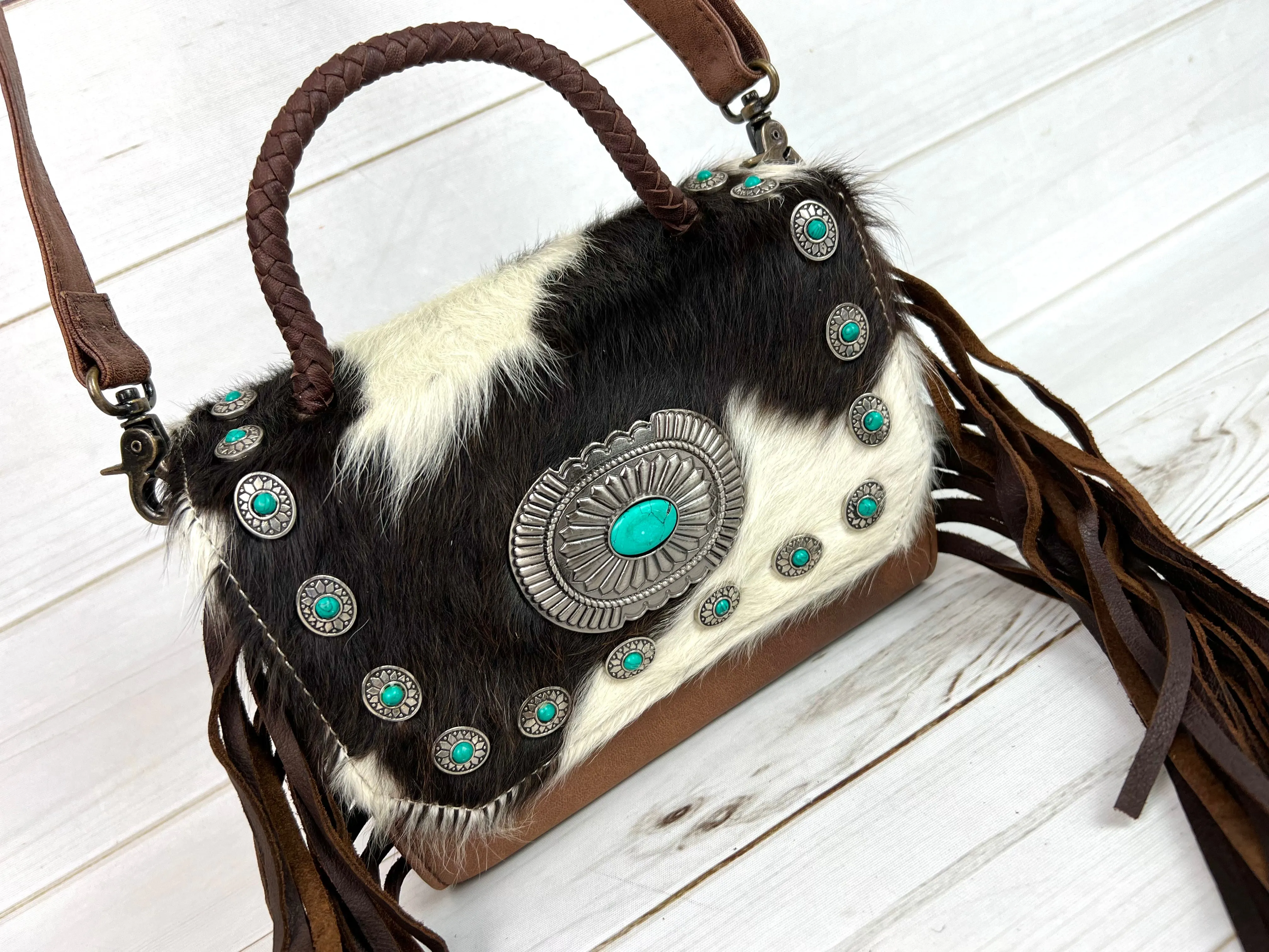 Cowhide Turquoise Studded Pill Box Style Crossbody Handbag