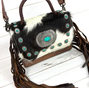Cowhide Turquoise Studded Pill Box Style Crossbody Handbag