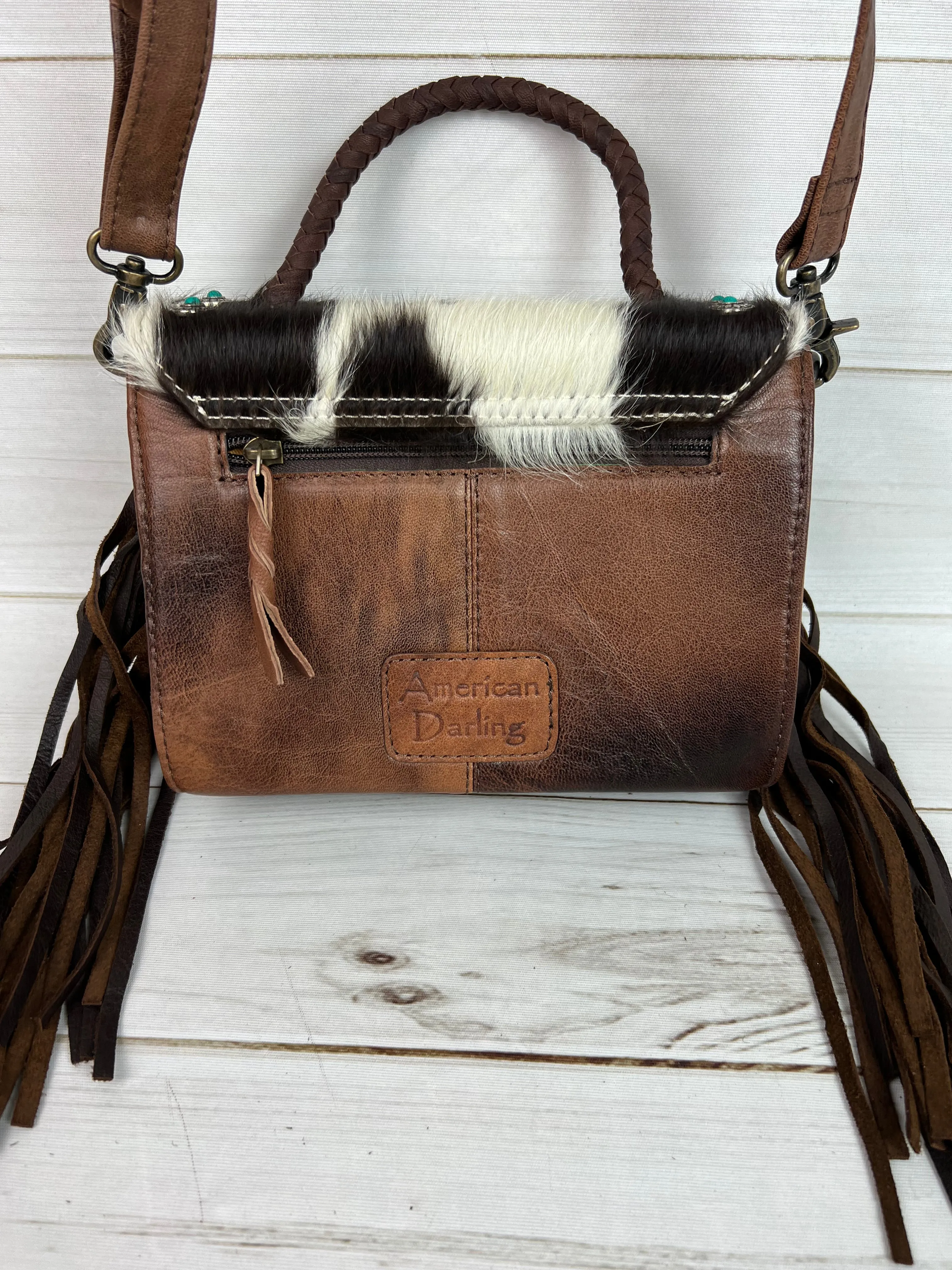 Cowhide Turquoise Studded Pill Box Style Crossbody Handbag