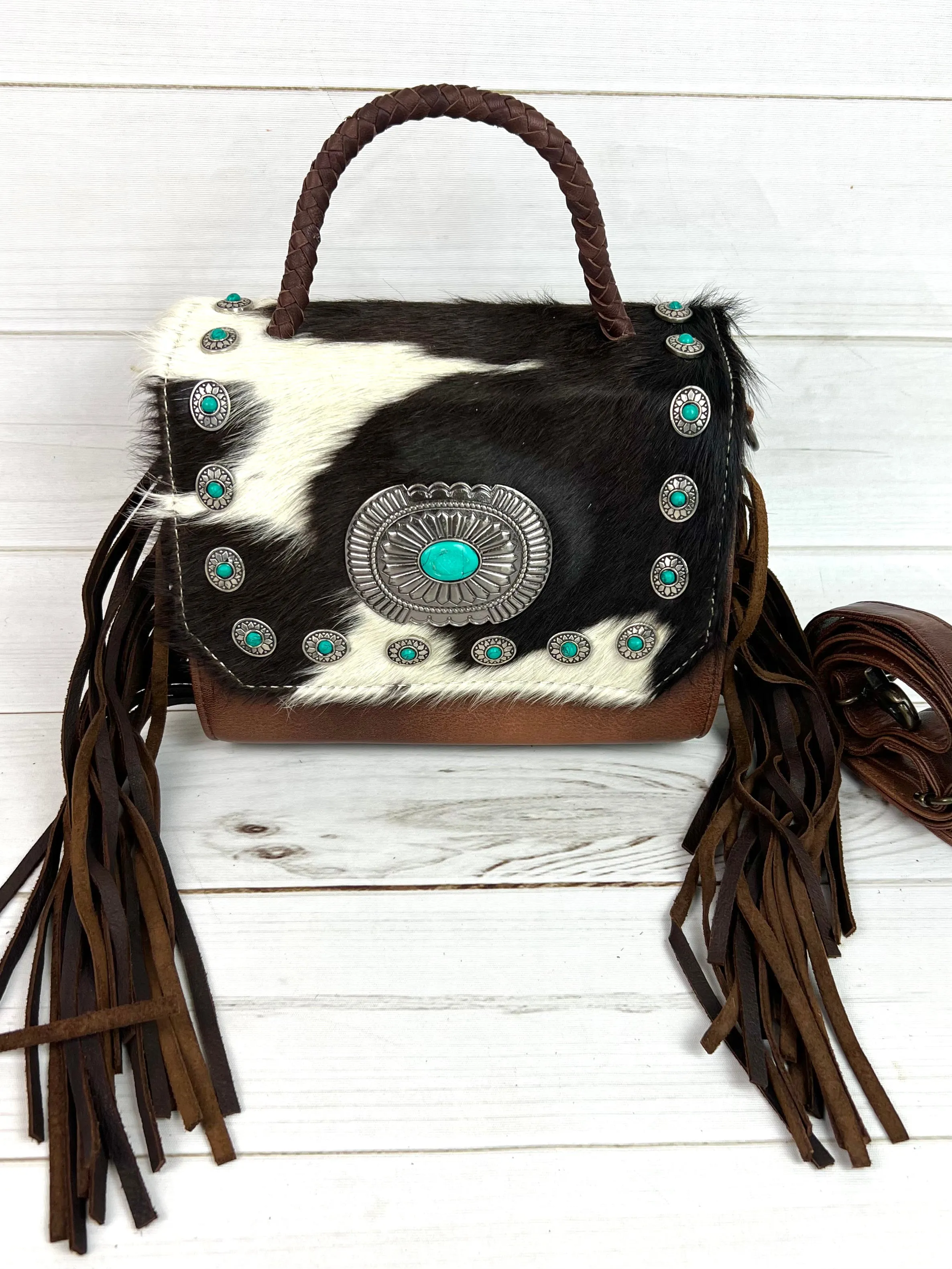 Cowhide Turquoise Studded Pill Box Style Crossbody Handbag