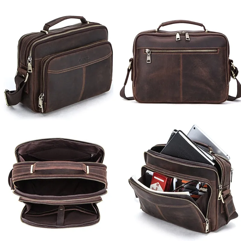 Crazy Horse Leather Briefcase Messenger Bag Tablet Bag in Dark Brown